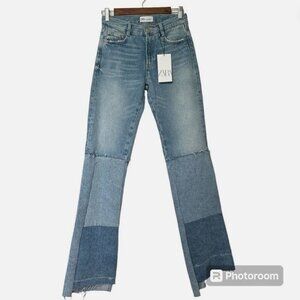 Zara Nwot Zara Jeans Patchwork Raw Hem Denim Bohemian Jeans Eu 40 Us 8